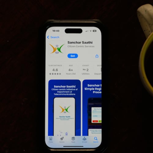 An Indian government-run cybersecurity app "Sanchar Saathi" is seen on a mobile phone in New Delhi, India, Tuesday, Dec. 2, 2025. (AP Photo/Manish Swarup)