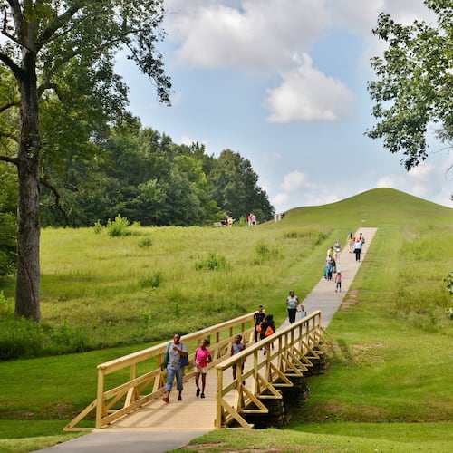 The burial mounds at the Ocmulgee National Monument, near Macon, were built by Native Americans during the Mississippian period, around 1000 CE. The park, designated a National Historic Park, is part of the rich cultural resources of the Ocmulgee River Corridor. (Courtesy of the National Trust for Historic Preservation)