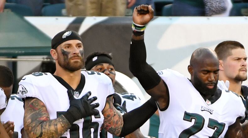 Aug 24, 2017; Philadelphia, PA, USA; Philadelphia Eagles strong safety Malcolm Jenkins (27) is joined by defensive end Chris Long (56) and free safety Rodney McLeod (23) during the national anthem against the Miami Dolphins at Lincoln Financial Field. Mandatory Credit: Eric Hartline-USA TODAY Sports ORG XMIT: USATSI-359173 ORIG FILE ID: 20170824_ads_se7_009.JPG