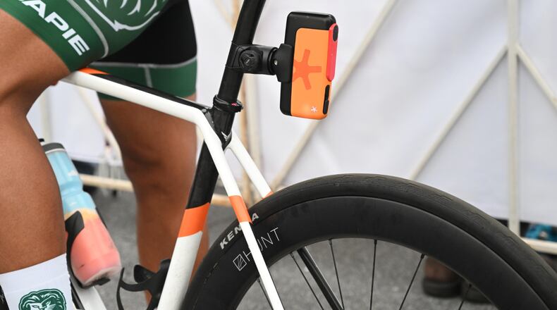 Spoke's technology device placed on professional cyclist's bike during the Peachtree Corners Curiosity Lab Criterium 2023. (Courtesy City of Peachtree Corners)