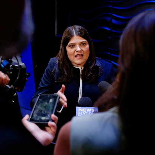Michigan U.S. Sen. candidate, Rep. Haley Stevens, D-Mich., speaks with media after a debate at WoodTV studios on Tuesday, July 7, 2026, in Grand Rapids, Mich. (AP Photo/Kristen Norman)
