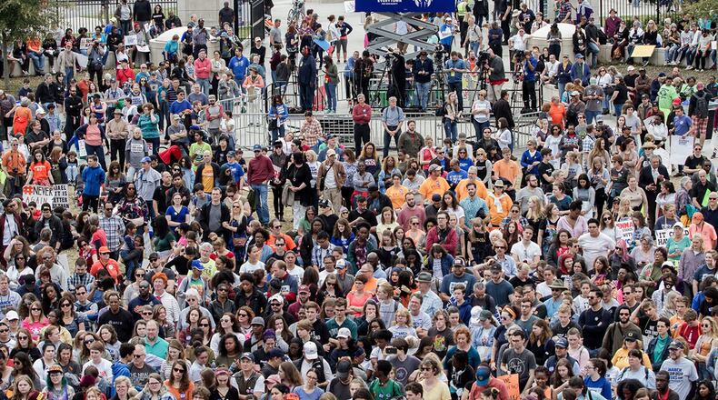 A large crowd gathers at Liberty Plaza, near the State Capitol at the end of the March For Our Life Atlanta rally Saturday, March 24, 2018. STEVE SCHAEFER / SPECIAL TO THE AJC