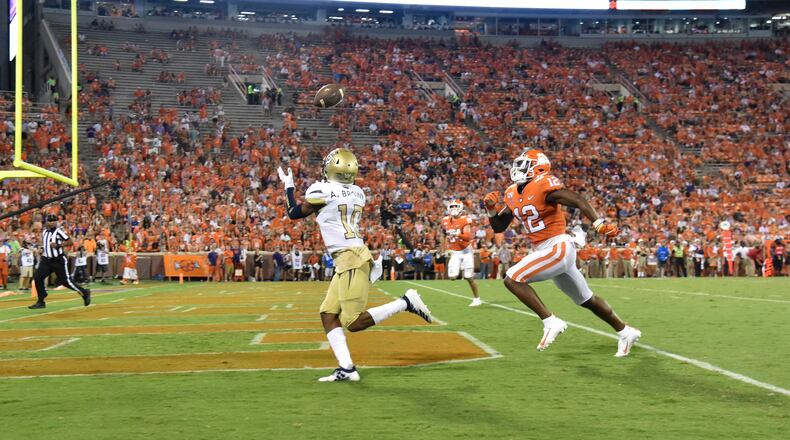 Georgia Tech wide receiver Ahmarean Brown (10) catches a touchdown pass in the second half at Memorial Stadium on the Clemson University campus in Clemson, S.C. on Thursday, August 29, 2019. Clemson won 52-14 over the Georgia Tech. (Hyosub Shin / Hyosub.Shin@ajc.com)