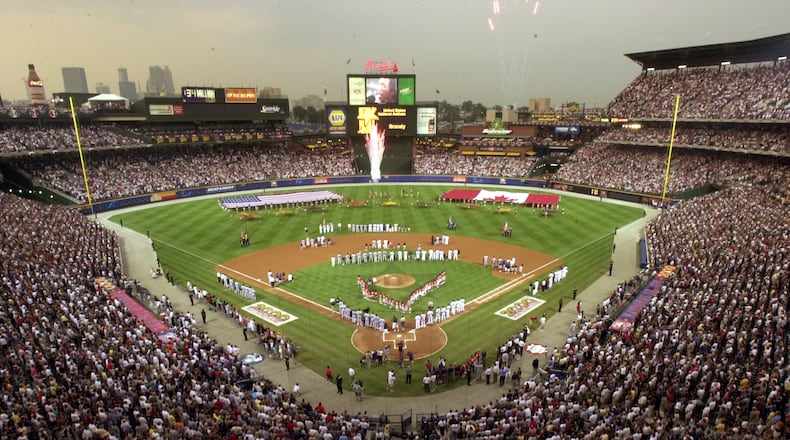 000711-ATLANTA-Overhead shot of Turner Field at the pregame ceremony for the All-STar Game on Tuesday night, 7/11/00. (PHOTO BY BEN GRAY/STAFF)