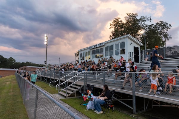 The home press box and stands are shown at Panther Field during Glascock County’s game against Warren County, Friday, Sept. 19, 2025, in Gibson, Ga. (Jason Getz/AJC)