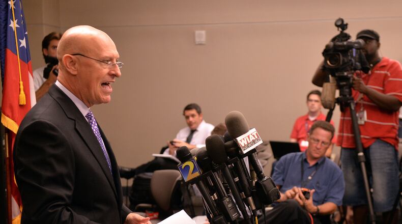 SEPTEMBER 4, 2014 MARIETTA Cobb County District Attorney Vic Reynolds discusses the indictment against Ross Harris during a press conference at the Cobb County Courthouse Thursday, September 4, 2014. He made a brief statement but did not take questions in the case. KENT D. JOHNSON / KDJOHNSON@AJC.COM