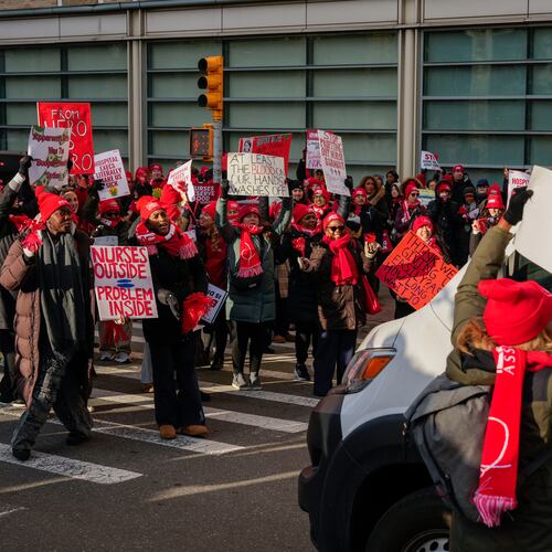 Nurses strike outside New York-Presbyterian Hospital, Monday, Jan. 12, 2026, in New York. (AP Photo/Yuki Iwamura)