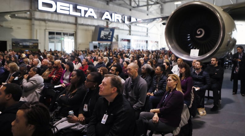 1/11/19 - Atlanta - The event drew several hundred people. Delta CEO Ed Bastian and Atlanta Mayor Keisha Lance Bottoms were on hand during a National Human Trafficking Awareness Day event held at the Delta Flight Museum in Atlanta, Delta premiered a new campaign that the airline is debuting in airports and onboard during the month of January to engage customers, train employees and raise awareness of human trafficking in advance of the Super Bowl. Bob Andres / bandres@ajc.com