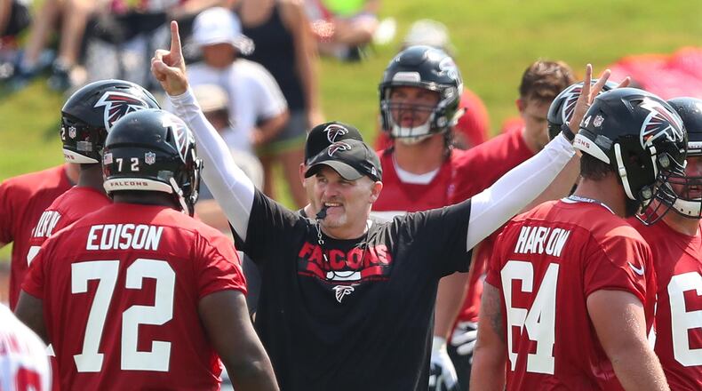July 27, 2017 Flowery Branch: Falcons head coach Dan Quinn keeps the team moving on the first day of team practice at training camp on Thursday, July 27, 2017, in Flowery Branch. Curtis Compton/ccompton@ajc.com