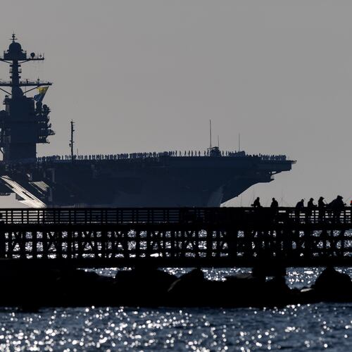 The USS Gerald R. Ford heads toward port at Naval Station Norfolk, as seen from Fort Monroe, Va., on May 16, 2026. (Peter Casey/The Virginian-Pilot via AP)