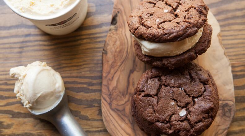 Ice cream sandwiches at Butter and Cream made with two Chocolate Chocolate Chip cookies and Salted Butterscotch ice cream. / AJC file photo