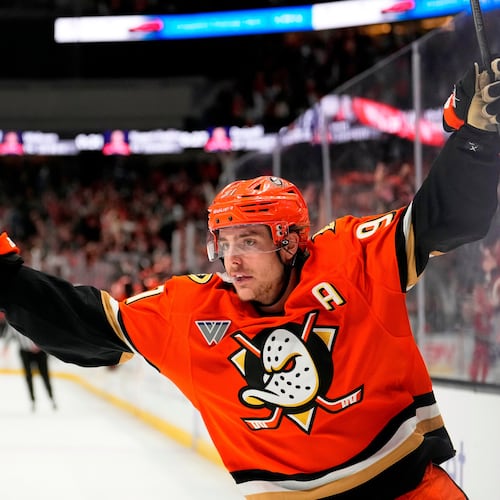 FILE - Anaheim Ducks center Leo Carlsson celebrates his empty net goal during the third period of Game 6 in the first round of the NHL hockey Stanley Cup playoffs series against the Edmonton Oilers, April 30, 2026, in Anaheim, Calif. (AP Photo/Mark J. Terrill, File)