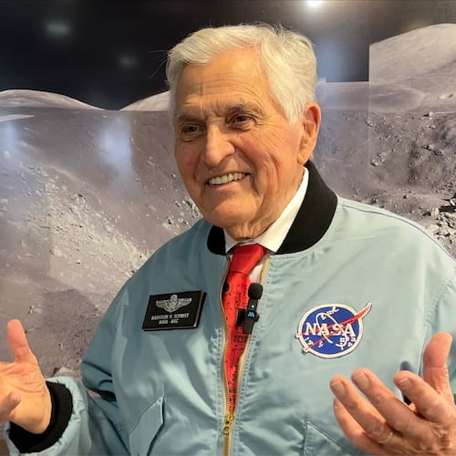 Apollo astronaut Harrison "Jack" Schmitt talks about having to acclimate to gravity after his moon mission in 1972 while being interviewed at the New Mexico Museum of Natural History and Science in Albuquerque, N.M., on April 22, 2026. (AP Photo/Susan Montoya Bryan)