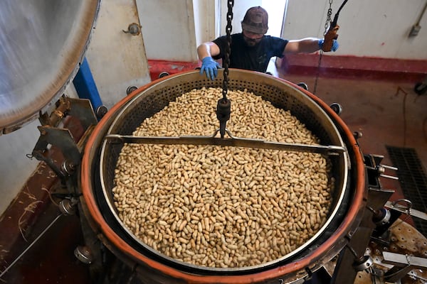 A worker boils peanuts in a steam kettle at Hardy Farms near Hawkinsville. In addition to cooking peanuts on location at roadside stands, the company boils 5 million or so pounds a year in huge vats for sale in supermarkets across the South. (Hyosub Shin/AJC)