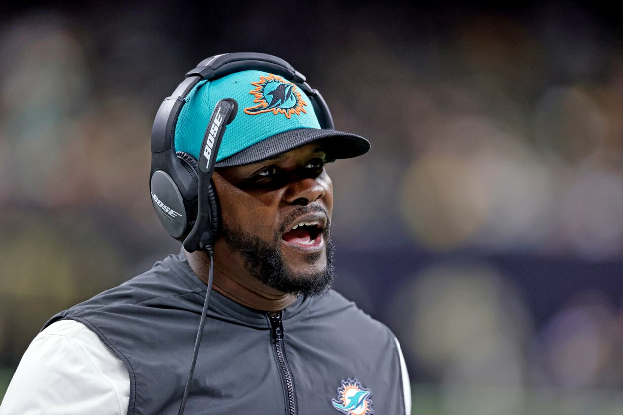 FILE - Miami Dolphins coach Brian Flores yells during the second half of an NFL football game against the New Orleans Saints Monday, Dec. 27, 2021, in New Orleans. (AP Photo/Butch Dill, File)