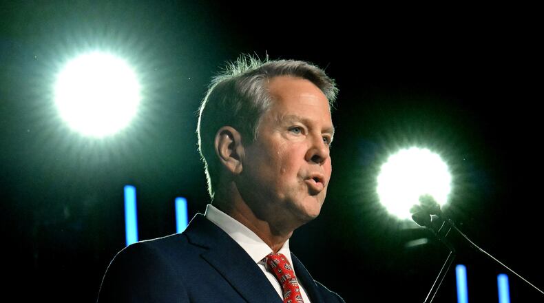 Gov. Brian Kemp speaks during Georgia Chamber Congressional Luncheon at The Classic Center, Tuesday, August 8, 2023, in Athens. (Hyosub Shin / Hyosub.Shin@ajc.com)