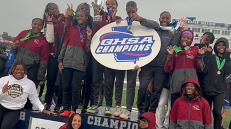 The Carver-Atlanta girls track and field team won the school's first state title in any sport on April 10, 2025, at East Jackson High School. Carver won the Class 2A meet despite standing in fourth place entering the final event, the 4x400-meter relay, which Carver won. (Courtesy of Carver-Atlanta)