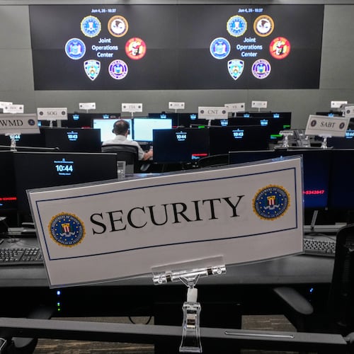 Rows of desks fill the FBI's Joint Operations Center in New York, Thursday, June 4, 2026, ahead of the World Cup soccer tournament. (AP Photo/Richard Drew)