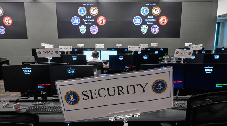 Rows of desks fill the FBI's Joint Operations Center in New York, Thursday, June 4, 2026, ahead of the World Cup soccer tournament. (AP Photo/Richard Drew)