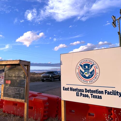 FILE - A sign marks the entrance to a series of hardened tents at the Camp East Montana immigrant detention center in the desert at a U.S. Army base on the outskirts of El Paso, Texas, Feb. 13, 2026. (AP Photo/Morgan Lee, File)