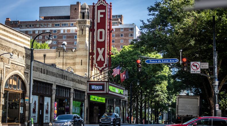 Traffic moves Along Peachtree St., Saturday, July 8, 2023. The area near the Fox Theater between North Avenue and 10th St., on Peachtree Street, will be part of an upcoming pedestrian-focused study. (Steve Schaefer/steve.schaefer@ajc.com)