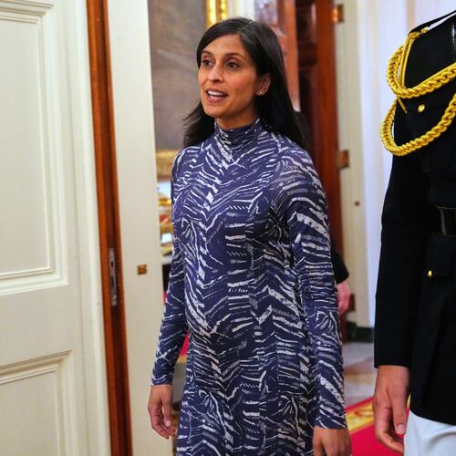 FILE - Second lady Usha Vance arrives at a women's history month event in the East Room at the White House, March 12, 2026, in Washington. (AP Photo/Julia Demaree Nikhinson, File)