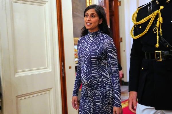 Second lady Usha Vance arrives at a women's history month event in the East Room at the White House. (Julia Demaree Nikhinson/AP)