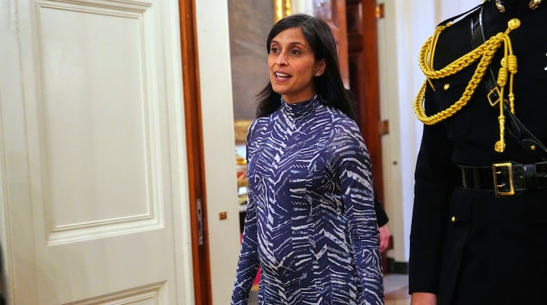 FILE - Second lady Usha Vance arrives at a women's history month event in the East Room at the White House, March 12, 2026, in Washington. (AP Photo/Julia Demaree Nikhinson, File)