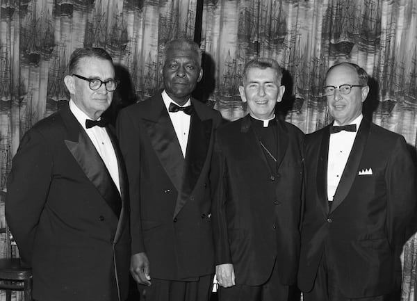 The organizers of the Rev. Martin Luther King Jr.'s Nobel Peace Prize recognition dinner honoring King on Jan. 27, 1965, in Atlanta: From left, Atlanta Constitution editor Ralph McGill, Morehouse College President Benjamin E. Mays, Catholic Archbishop Paul Hallinan and Rabbi Jacob Rothschild. (Credit: LBSCB12-120ccc, Lane Brothers Commercial Photographers Photographic Collection, 1920-1976. Special Collections and Archives, Georgia State University Library)

