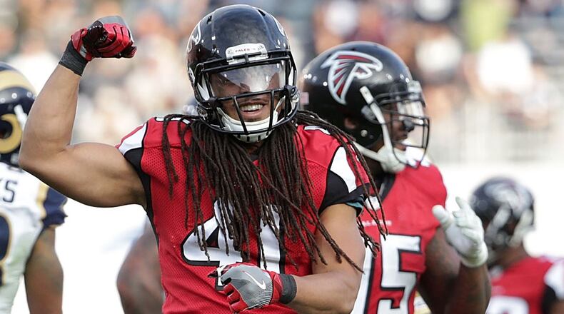 LOS ANGELES, CA - DECEMBER 11: Philip Wheeler #41 of the Atlanta Falcons celebrates a sack against the Los Angeles Rams in the third quarter at Los Angeles Memorial Coliseum on December 11, 2016 in Los Angeles, California. The Falcons defeated the Rams 42-14. (Photo by Jeff Gross/Getty Images)