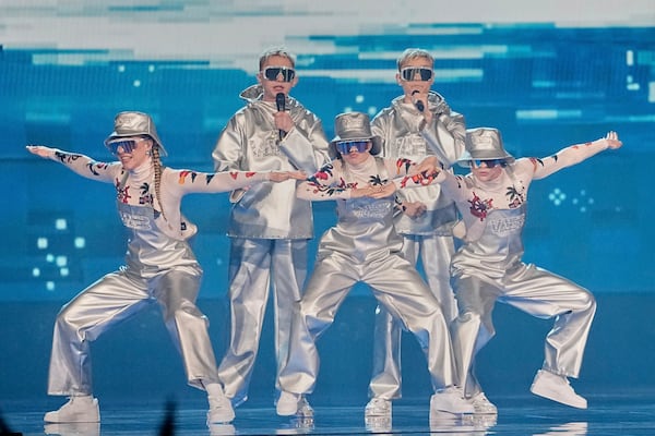 VAEB from Iceland performs the song "ROA" during the first semi-final of the 69th Eurovision Song Contest, in Basel, Switzerland, Tuesday, May 13, 2025. (AP Photo/Martin Meissner)