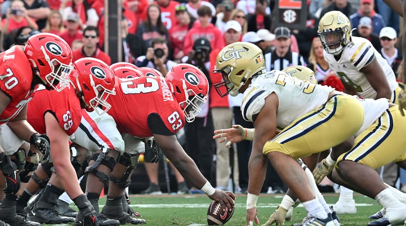 Georgia and Georgia Tech during the second half in an NCAA football game at Sanford Stadium in Athens on Saturday, Nov. 26, 2022. Georgia won 37-14 over Georgia Tech. (Hyosub Shin/AJC 2022)