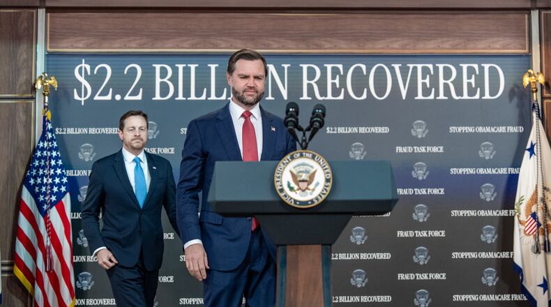 Vice President JD Vance arrives for a news conference, followed by Federal Trade Commission (FTC) Chairman Andrew Ferguson, in the South Court Auditorium in the Eisenhower Executive Office Building on the White House campus, Tuesday, Sept. 22, 2026, in Washington. (AP Photo/Alex Brandon)