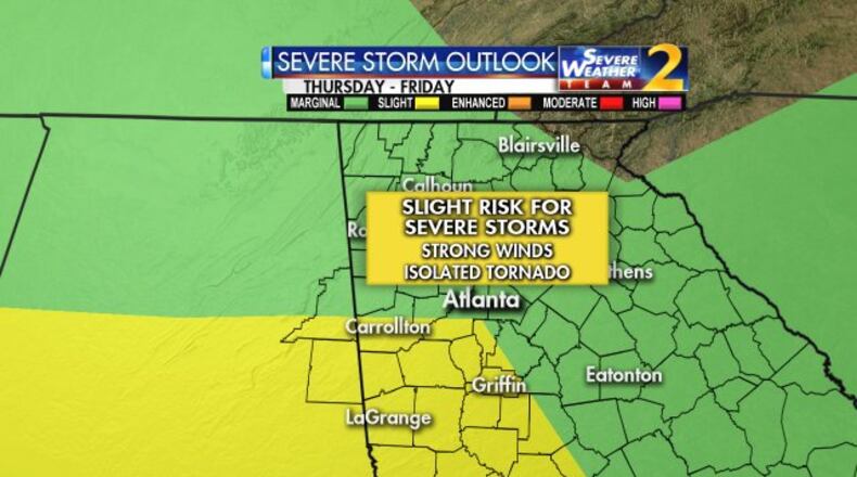There is a slight risk of severe storms Thursday and Friday southwest of Atlanta. (Credit: Channel 2 Action News)