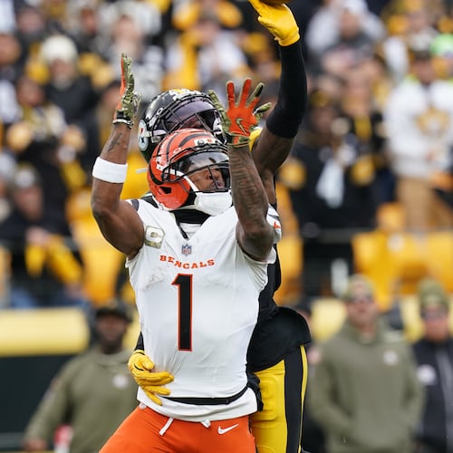 Pittsburgh Steelers cornerback James Pierre (42) breaks up a pass intended for Cincinnati Bengals wide receiver Ja'Marr Chase (1) during the first half of an NFL football game Sunday, Nov. 16, 2025, in Pittsburgh. (AP Photo/Matt Freed)