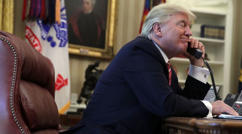 WASHINGTON, DC - JUNE 27:  U.S. President Donald Trump speaks on the phone with Irish Prime Minister Leo Varadkar in the Oval Office of the White House June 27, 2017 in Washington, DC. (Photo by Alex Wong/Getty Images)