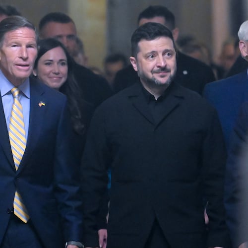Ukraine President Volodymyr Zelenskyy, is joined by from left: Sen. Richard Blumenthal, D-Conn., Sen. Katie Boyd Britt, R-Ala., Sen. Roger Wicker, R-Miss., and Sen. James Risch, R-Idaho, as he arrives at the U.S. Capitol for a meeting of bipartisan leaders of the Lindsey O. Graham Sanctioning Russia and Iran Act of 2026, Tuesday, July 28, 2026, in Washington. (AP Photo/Rod Lamkey, Jr.)