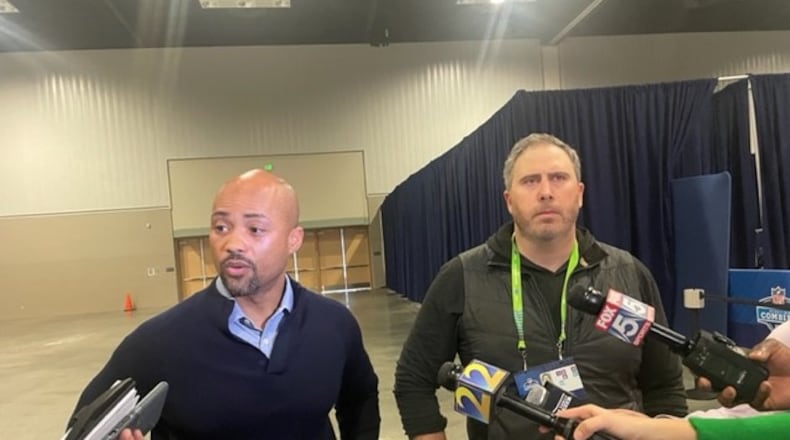 Falcons general manager Terry Fontenot and coach Arthur Smith discuss the teams offseason plans at the NFL scouting combine. (By D. Orlando Ledbetter/dledbetter@ajc.com)
