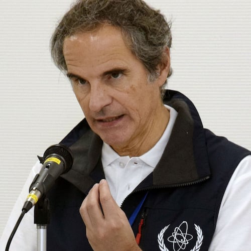 International Atomic Energy Agency Director General Rafael Grossi speaks during a news conference at Fukushima Daiichi nuclear power plant in Okuma, Fukushima pferfecture, Japan Wednesday, June 24, 2026. (Kyodo News via AP)