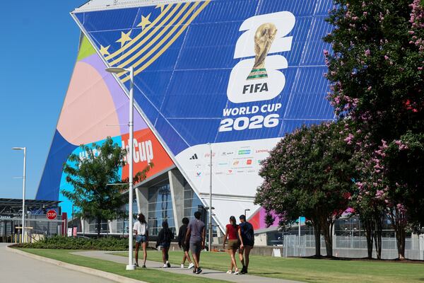 The FIFA World Cup 2026 logo is shown on the side of Atlanta Stadium, Wednesday, June 3, 2026, in Atlanta. Atlanta Stadium’s first World Cup match is on Monday, June 15, 2026. (Jason Getz/AJC)
