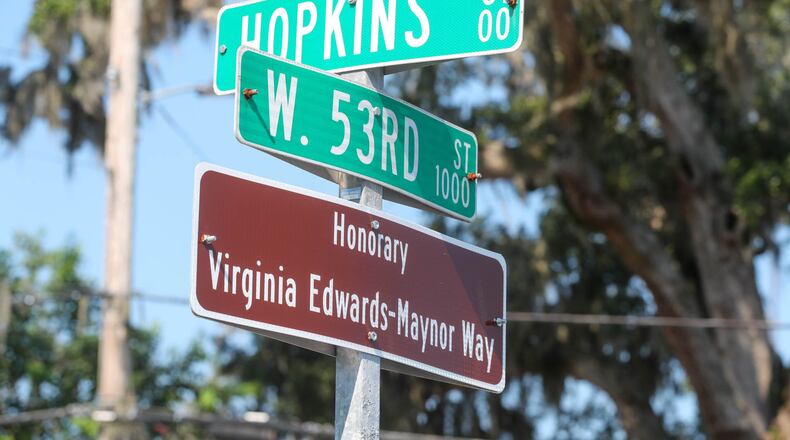 A sign designating a portion of Hopkins Street as Virginia Edwards-Maynor Way can be seen in front of the former George W. DeRenne Middle School, where Edwards-Maynor served as principal. The sign was unveiled during a special ceremony on Tuesday, August 8, 2023.