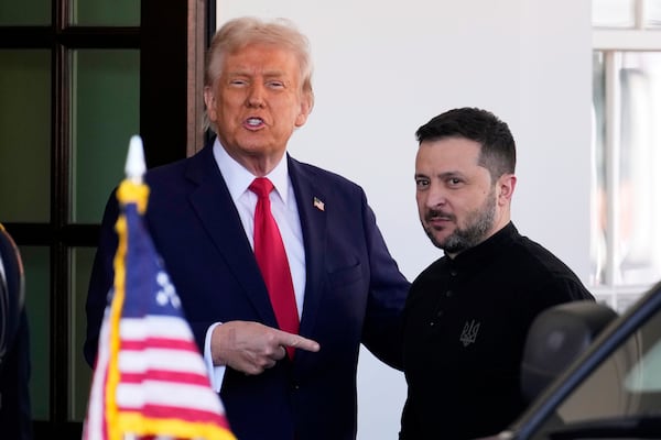 FILE - President Donald Trump welcomes Ukraine President Volodymyr Zelenskyy at the White House in Washington, Feb. 28, 2025. (AP Photo/Ben Curtis, File)