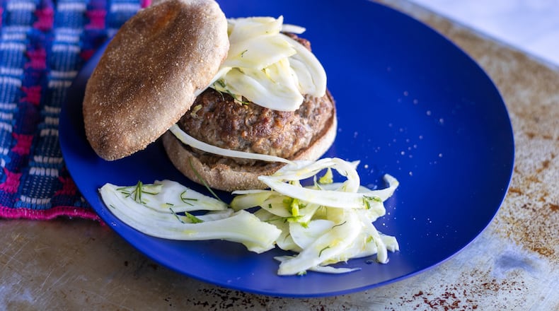 Lamb Burgers with Fennel Slaw. (Kate Williams for The Atlanta Journal-Constitution)