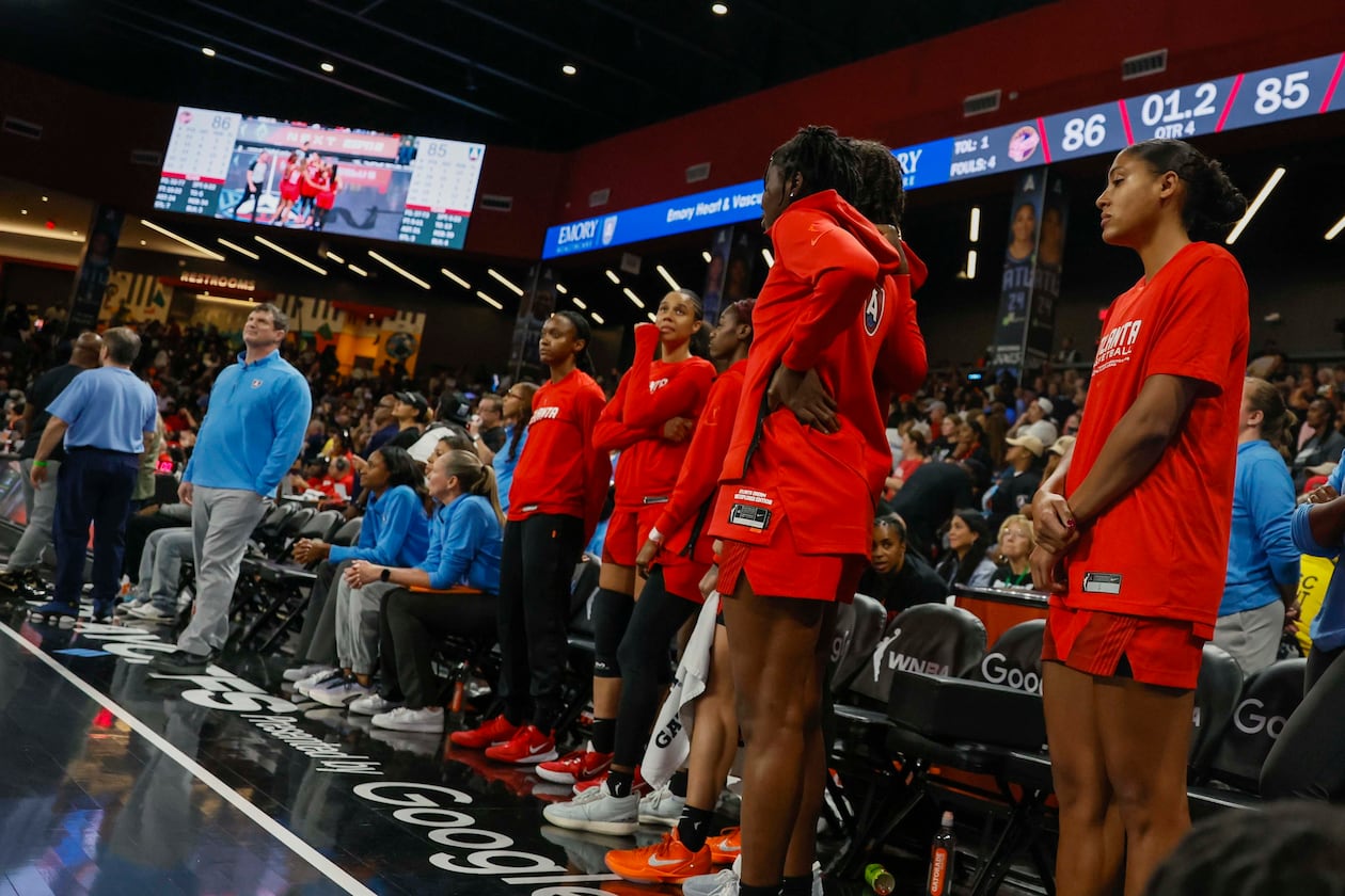 Atlanta Dream players and head coach Karl Smesko are in disbelief as the team lets the game slip away in the last seconds against the Indiana Fever at Gateway Center Arena on Thursday, Sept. 18, 2025, in Atlanta. The Atlanta Dream lost 87-85. (Miguel Martinez/AJC)