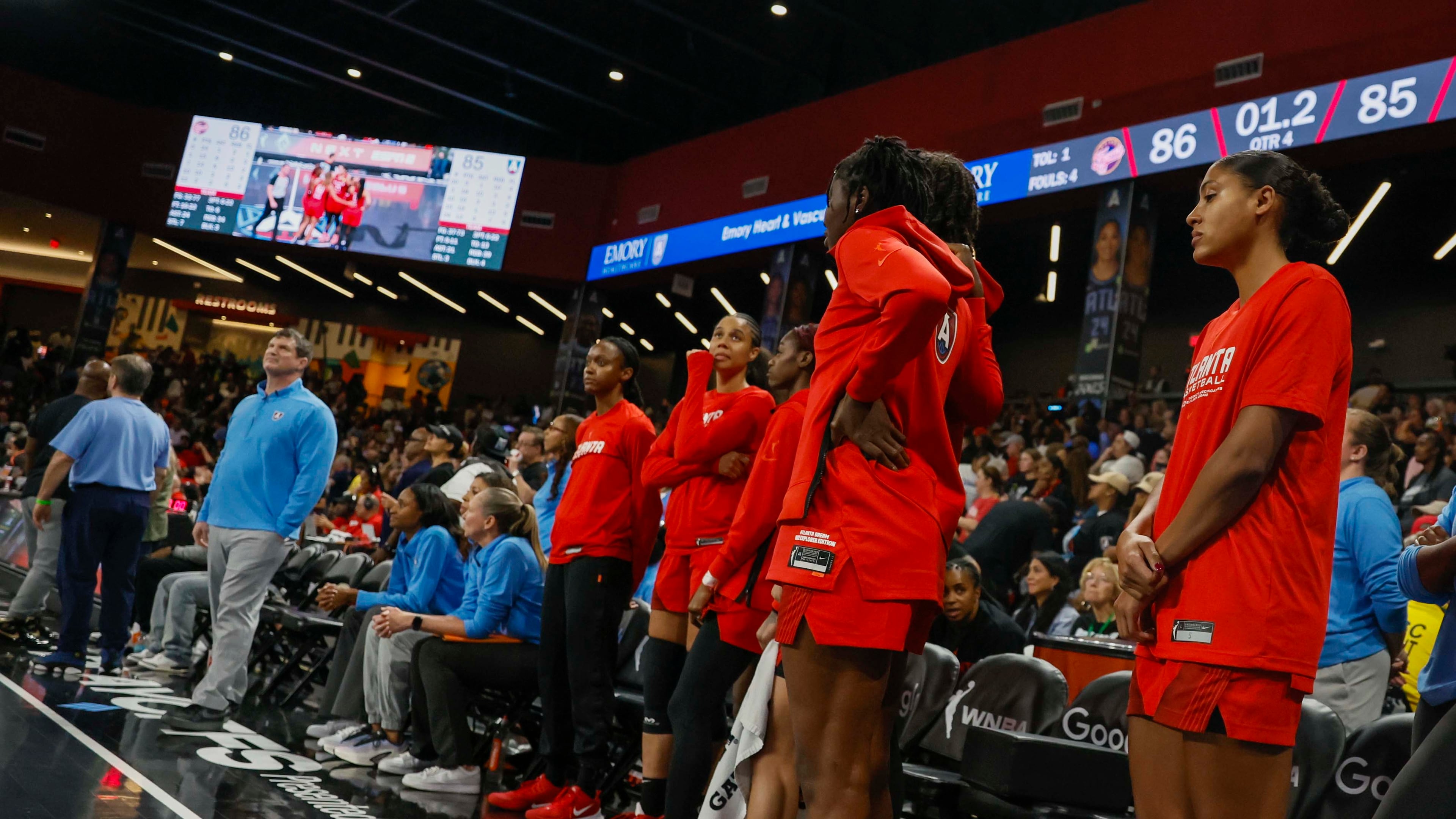 Atlanta Dream players and head coach Karl Smesko are in disbelief as the team lets the game slip away in the last seconds against the Indiana Fever at Gateway Center Arena on Thursday, Sept. 18, 2025, in Atlanta. The Atlanta Dream lost 87-85. (Miguel Martinez/AJC)