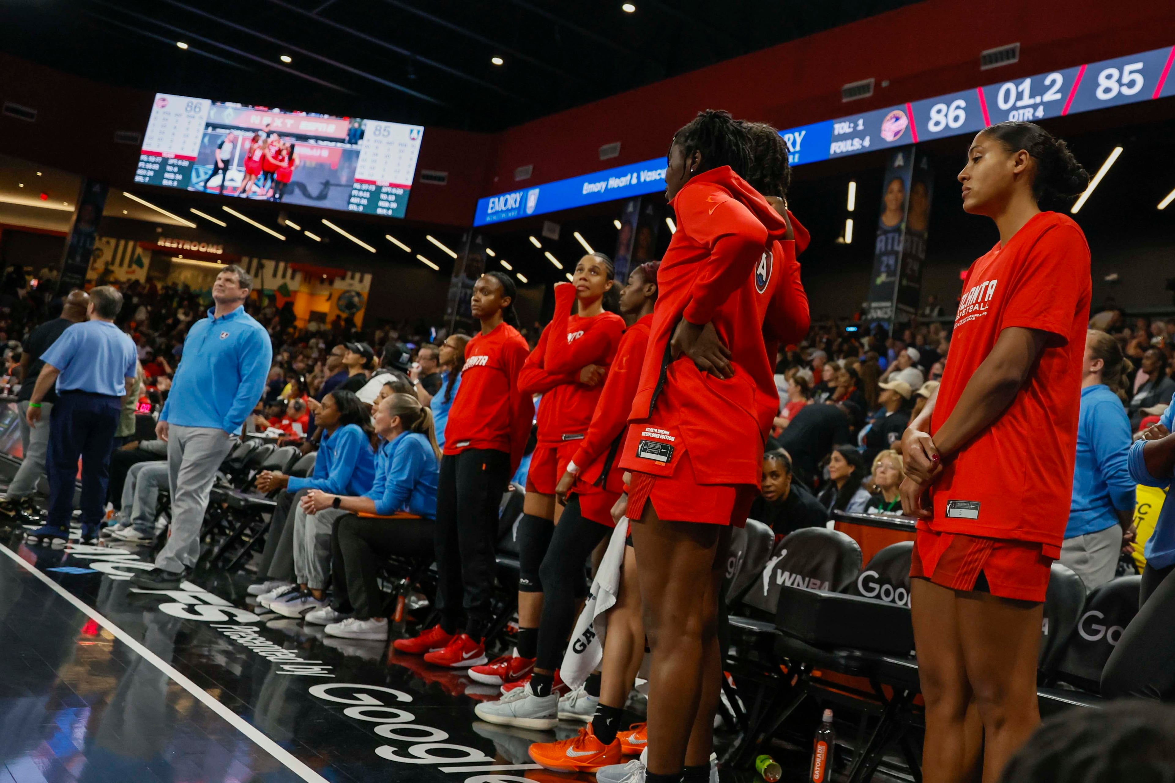 Atlanta Dream players and the head coach, Karl Smesko, are in disbelief as the team lets the game slip away in the last seconds against the Indiana Fever at Gateway Center Arena on Thursday, Sept. 18, 2024, in Atlanta. The Atlanta Dream lost 87-85. (Miguel Martinez/ AJC)