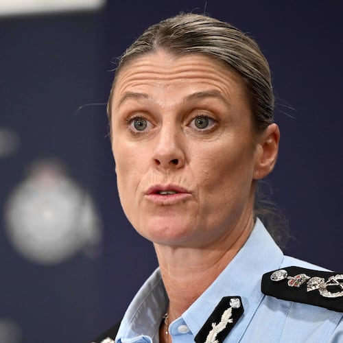 Australian Federal Police Commissioner Krissy Barrett speaks to media during a press conference following the arrest of former Australian soldier in Sydney, Tuesday, April 7, 2026. (Bianca De Marchi/AAP Image via AP)