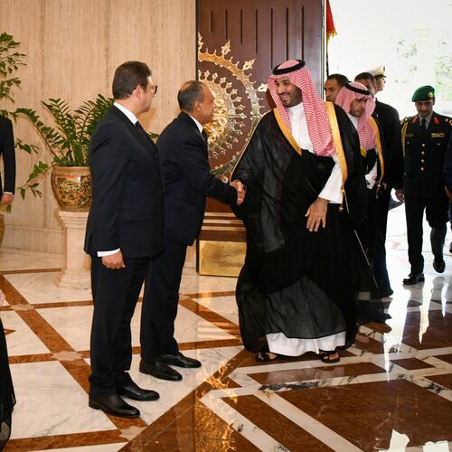 In this photo provided by the Egyptian Presidential Press Office, Saudi Crown Prince Mohammed bin Salman, center right, greets Egyptian officials at the Presidential Palace in Cairo, Egypt, Tuesday, Sept. 15, 2026. (Egyptian Presidential Press Office via AP)