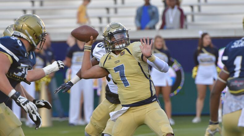 Georgia Tech QB Lucas Johnson (7) gets off a pass during 2018 Georgia Tech Football Spring Game at Bobby Dodd Stadium on Friday, April 20, 2018. HYOSUB SHIN / HSHIN@AJC.COM
