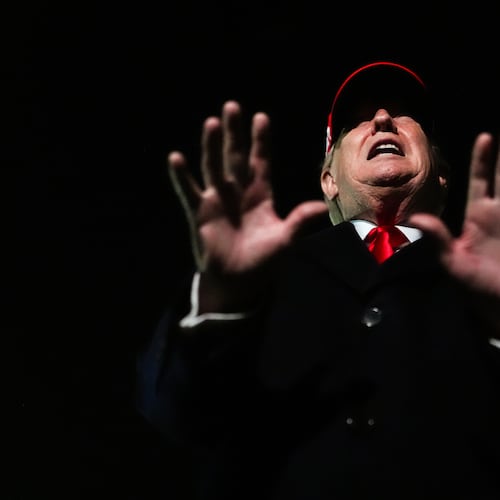 President Donald Trump speaks with reporters after disembarking Air Force One, Sunday, April 12, 2026, at Joint Base Andrews, Md. (AP Photo/Julia Demaree Nikhinson)